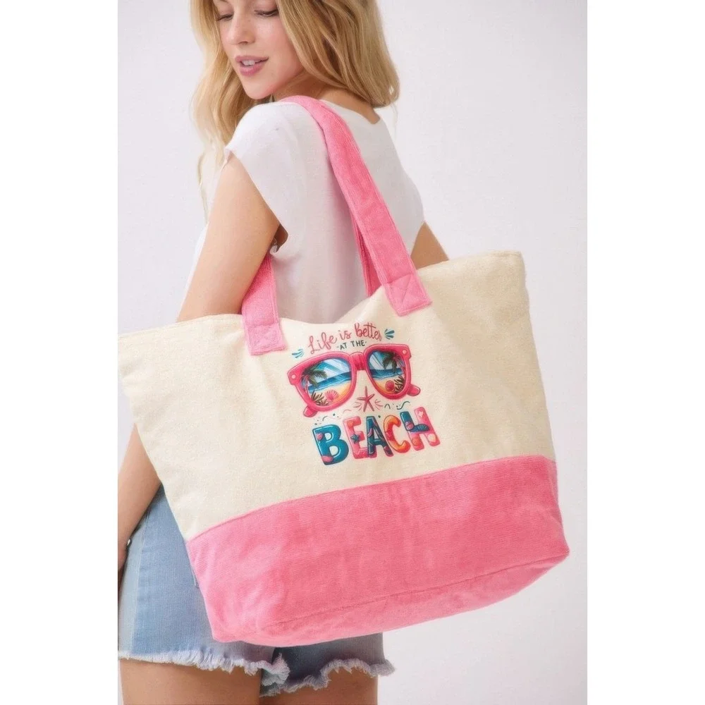 Womens Beach Tote Bag Canvas Pink Trim Sunglasses‎ Beach Graphic